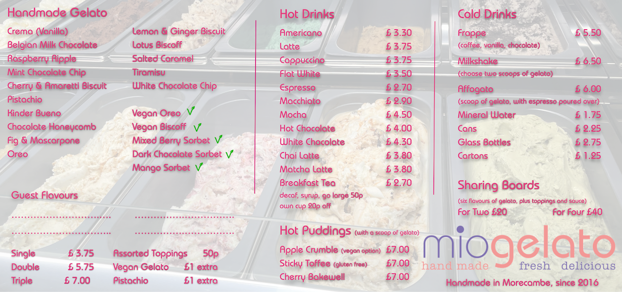 Mio Gelato menu: handmade gelato, hot drinks, cold drinks, hot puddings and sharing boards